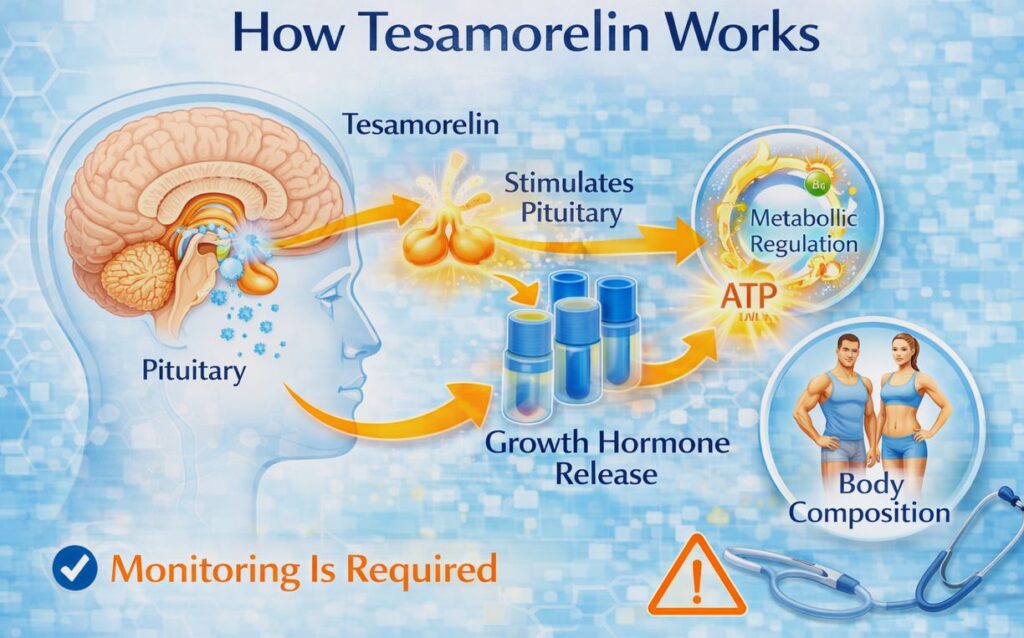 Medical infographic showing how Tesamorelin stimulates the pituitary gland to release growth hormone, supporting metabolic regulation and improving body composition.