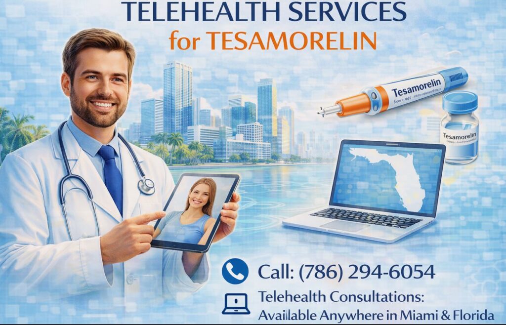 Telehealth consultation for Tesamorelin therapy showing a doctor conducting a virtual appointment on a tablet with Miami skyline background and contact phone number for telemedicine services across Florida.