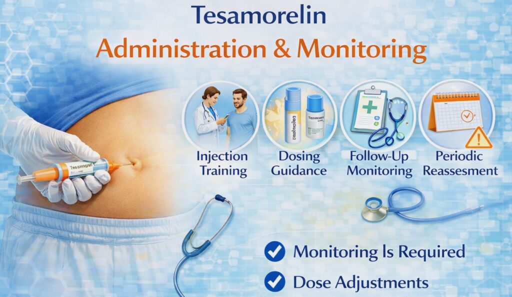 Medical illustration showing Tesamorelin administered as a subcutaneous abdominal injection with icons representing injection training, dosing guidance, follow-up monitoring, and periodic reassessment.