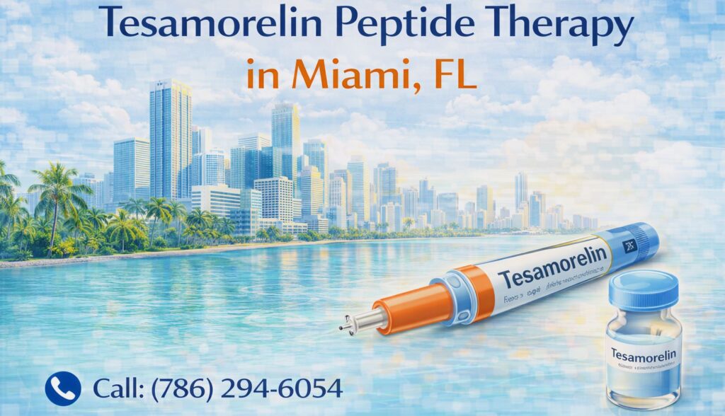 Illustration promoting Tesamorelin peptide therapy in Miami, Florida, featuring a Tesamorelin injection pen and vial with the Miami skyline and waterfront in the background.